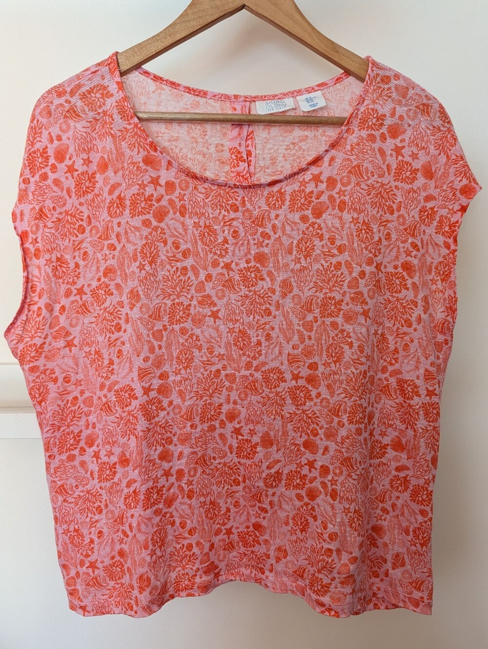 Sigrid Olsen 100% Linen Knit Tee Top Seashell Print Coral Red Pink Women's XL